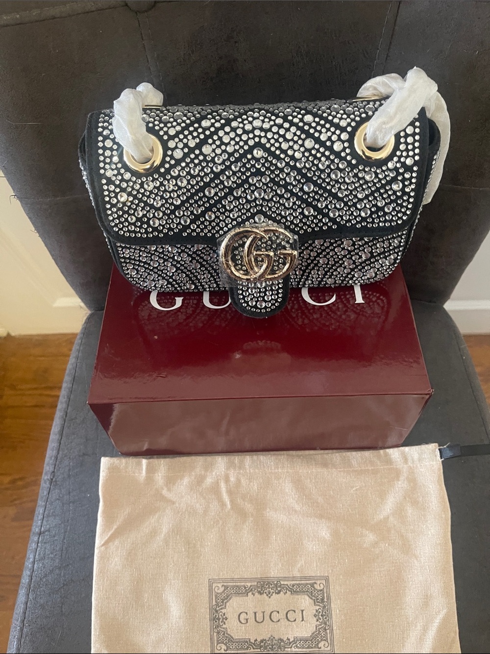 Gucci Black Crystal GG Marmont Mini Shoulder Bag